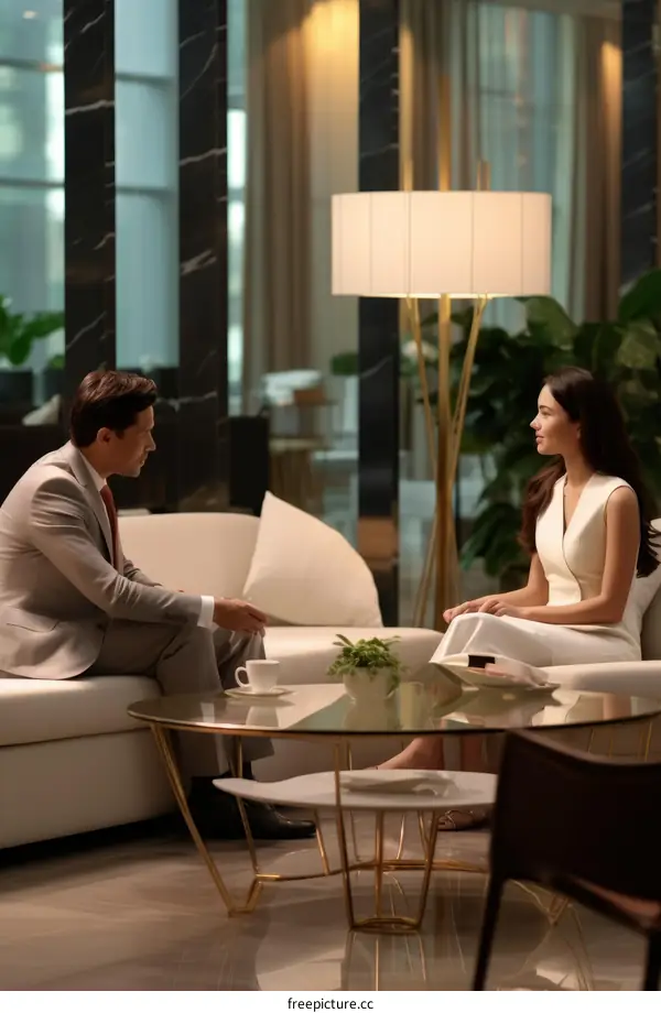 A couple is sitting on a couch in a luxurious hotel lobby