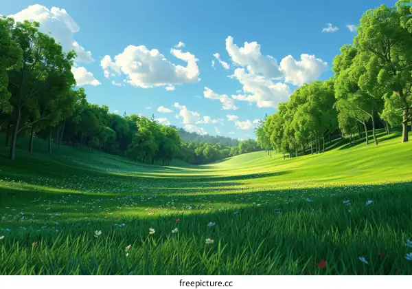 Rolling Green Hills under a Blue Sky with White Cumulus Clouds