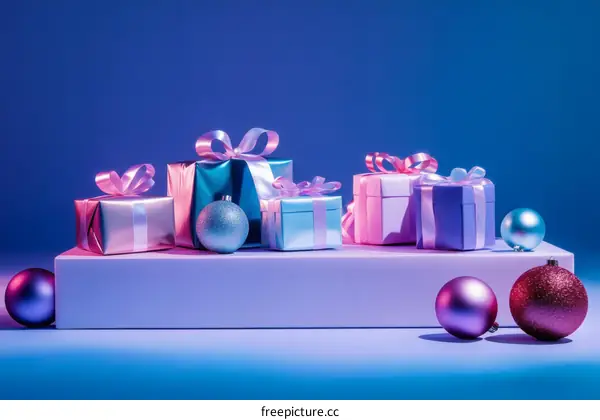 Colorful Gift Boxes and Christmas Ornaments on a Display Platform