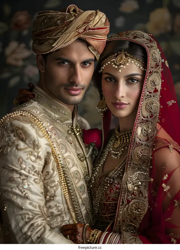 A photo of an Indian couple in traditional dress,举行婚礼仪式的照片