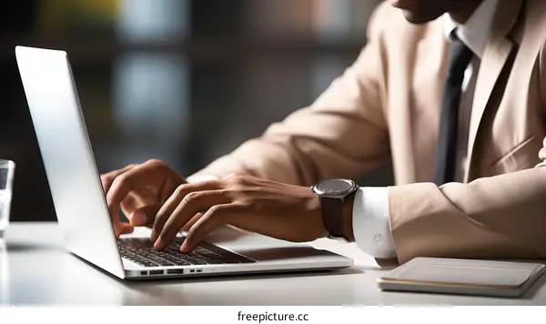 Black businessman working on laptop in office
