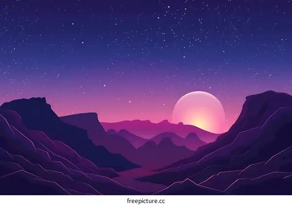 Purple Mountain Range With Full Moon Night Sky