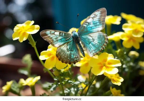 A blue and green butterfly on a flower