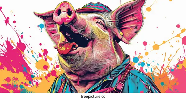 A psychedelic pig wearing a hat with paint splatters in the background