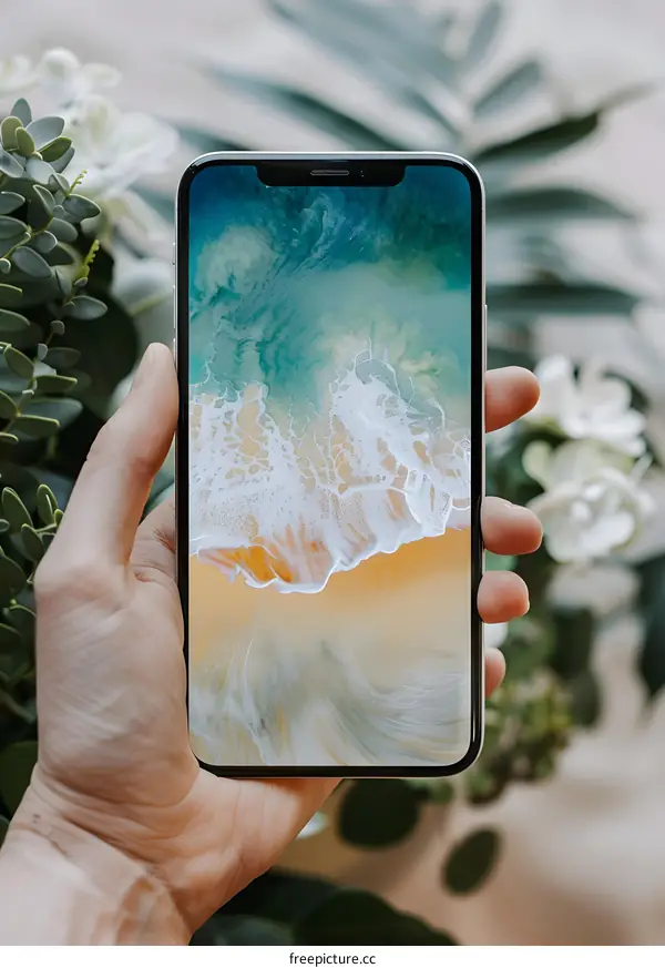 Hand Holding Smartphone With Beach Wallpaper