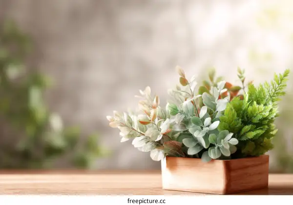 Artificial Plants in Wooden Box Decorative Arrangement