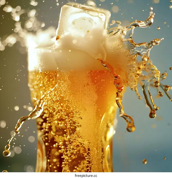 Close Up of Beer Splashing Out of Glass with Ice Cube