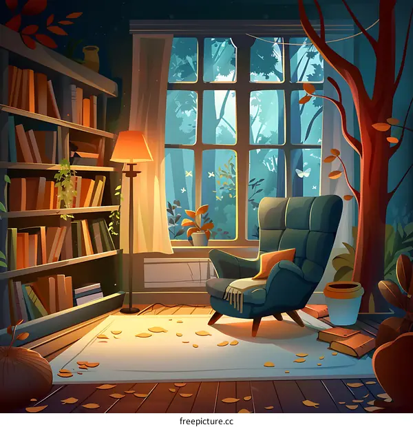 Cozy Reading Nook by the Window with a View of a Forest