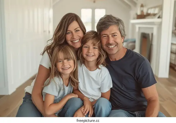 Happy family of four smiling together