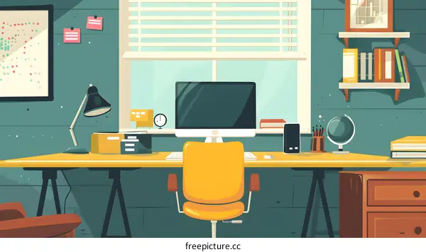 Modern Home Office Desk With Computer and Yellow Chair