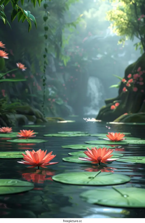 Enchanted Fantasy Landscape with Pond and Waterfall