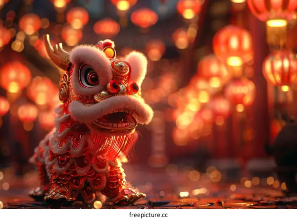 A red and gold Chinese lion statue with a fluffy white mane and large eyes stands in front of a blurred background of red paper lanterns.