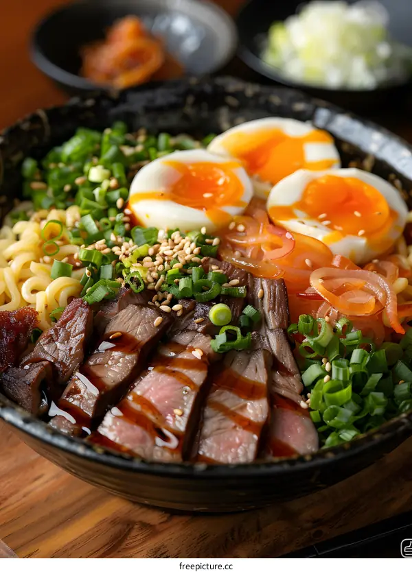 Beef noodle soup with egg and sesame seeds
