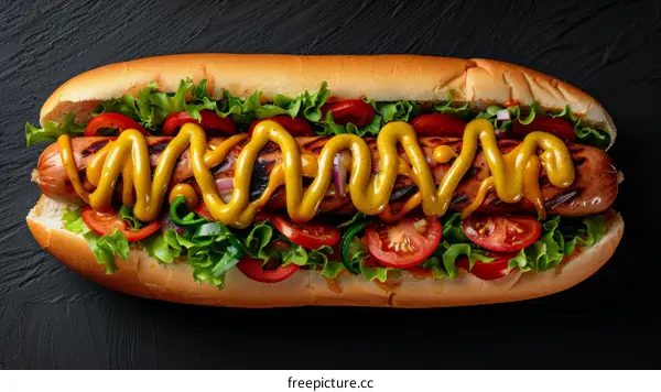 Classic Hot Dog with Mustard, Tomato, Lettuce, and Onion