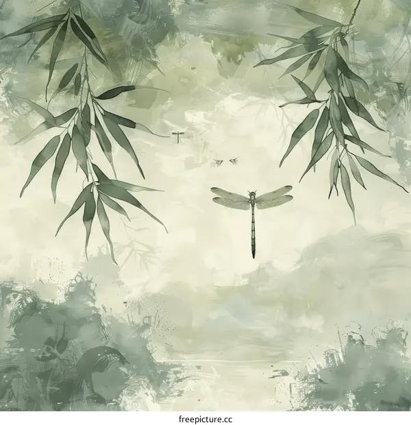 Watercolor Painting of Green Nature with Dragonfly and Bamboo Leaves