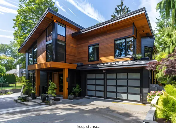 Modern House with Wooden Siding and Large Windows