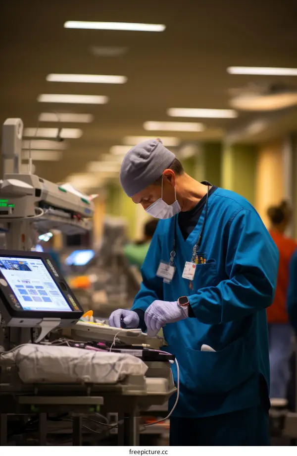A male nurse wearing a mask and gloves works in a hospital.