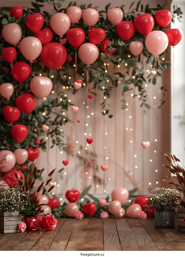 Red and pink balloons with heart-shaped decorations for Valentines Day
