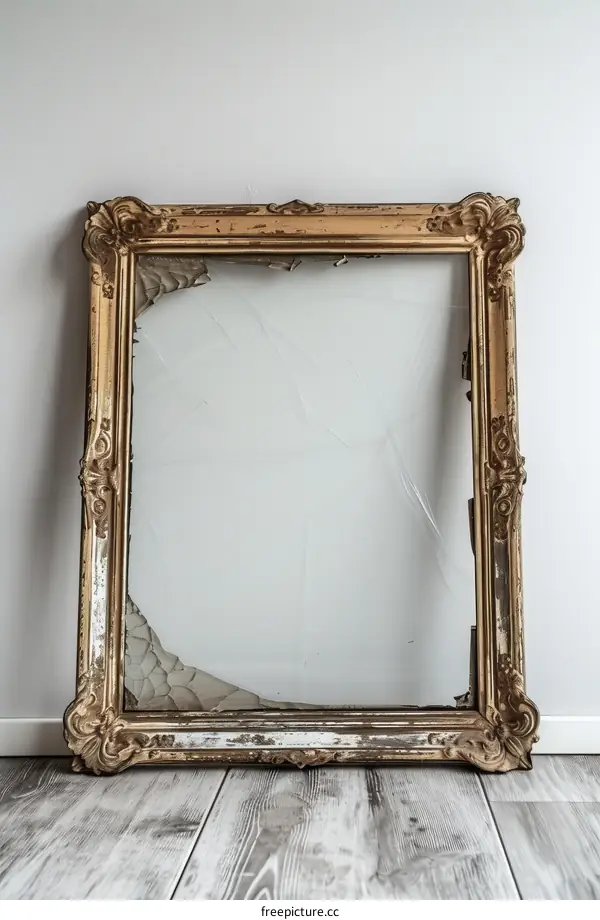 ornate gold gilded picture frame with mirror cracked broken glass