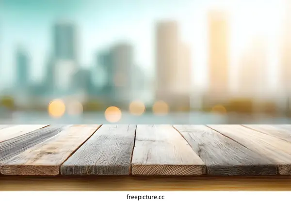 Wooden Tabletop with Blurry City Background