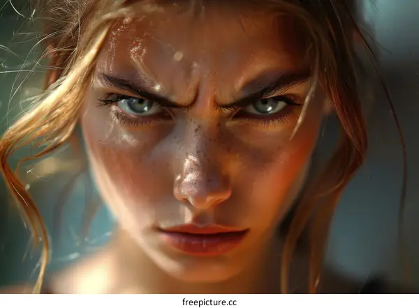 Close-up Portrait of a Caucasian Woman with Intense Expression