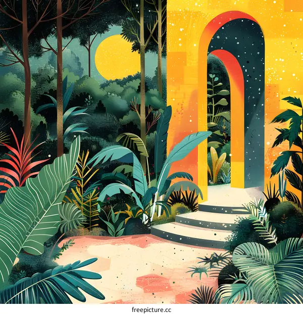 lush foliage in the jungle with a yellow archway in the distance