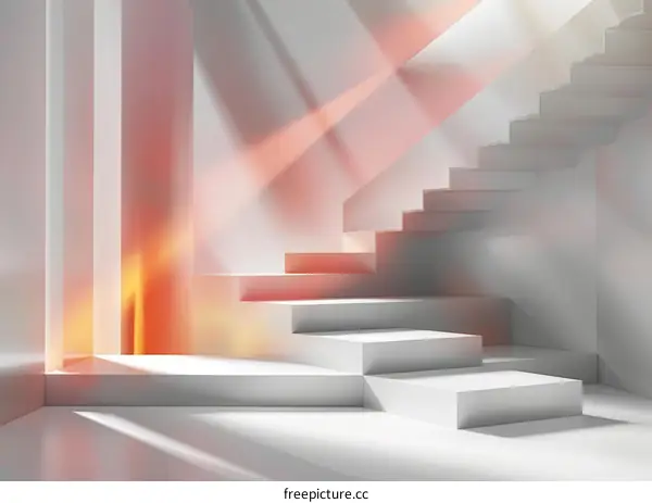 3D rendering of a minimalist room with a staircase and a glowing light