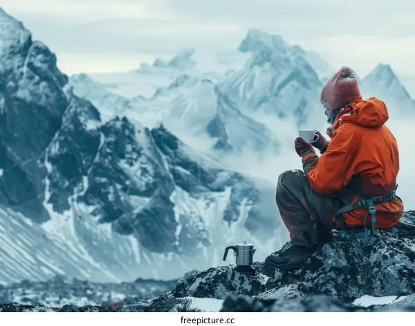 Enjoying a warm cup of coffee after reaching the summit of the mountain