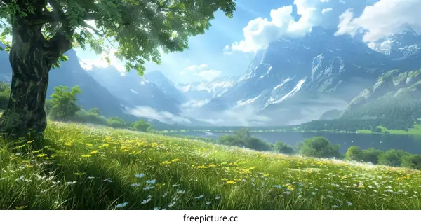 Majestic Mountain Landscape with Meadow and Lake