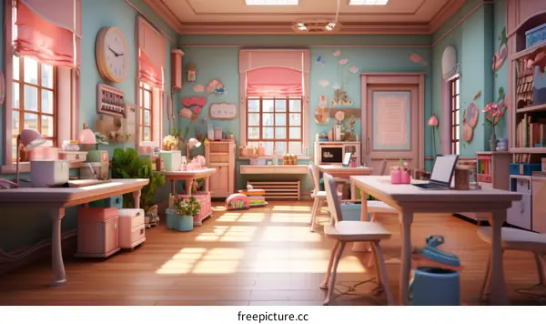 A colorful and cozy classroom with pink and blue walls, wooden floors, and lots of natural light.