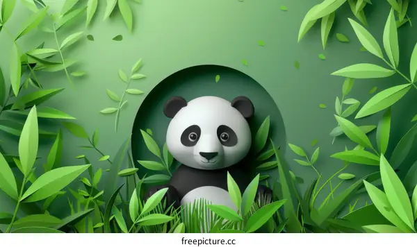 A cute panda sits in a lush green bamboo forest
