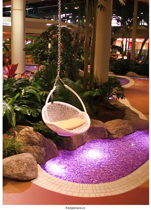 White Hanging Chair With Purple Water Feature In Indoor Garden