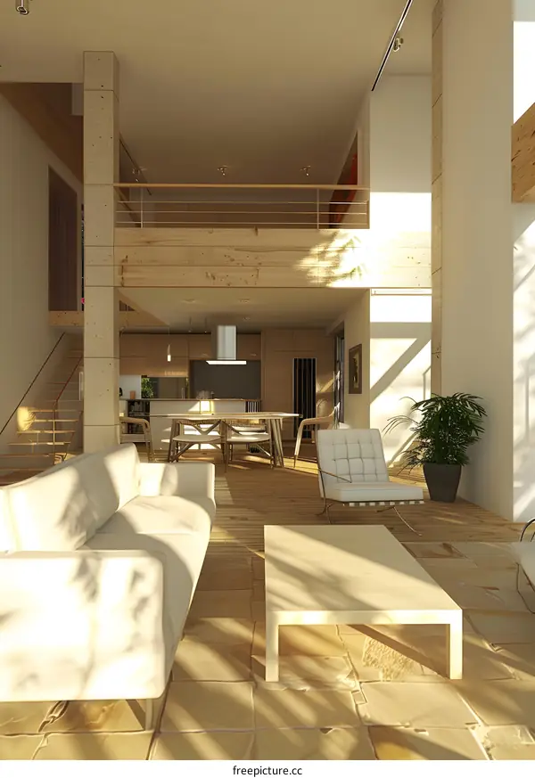 Modern Loft Living Room With Large Windows And Natural Light