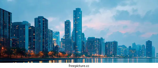 Chicago Skyline at Dusk with Skyscrapers and Water Reflection