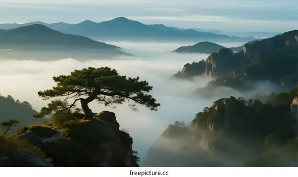 Misty Morning Scene of Huangshan Mountain with Pine Tree