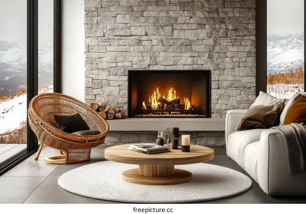 Cozy Modern Living Room with Fireplace and Mountain View