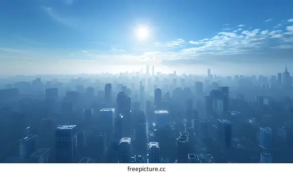 A birds-eye view of a modern city with skyscrapers and a busy road.