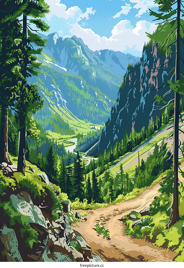 Mountain Landscape Painting in Green Hues