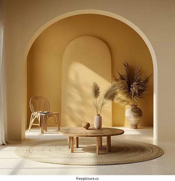 Modern Minimalist Living Room With Archway and Natural Elements