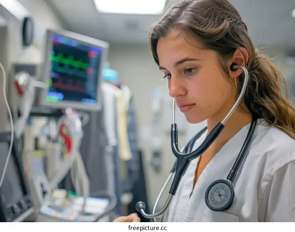 A female doctor is wearing a stethoscope and looking at a patient's chart.