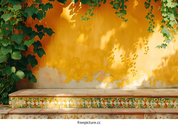 Green Vines Over Yellow Wall With Tile Steps