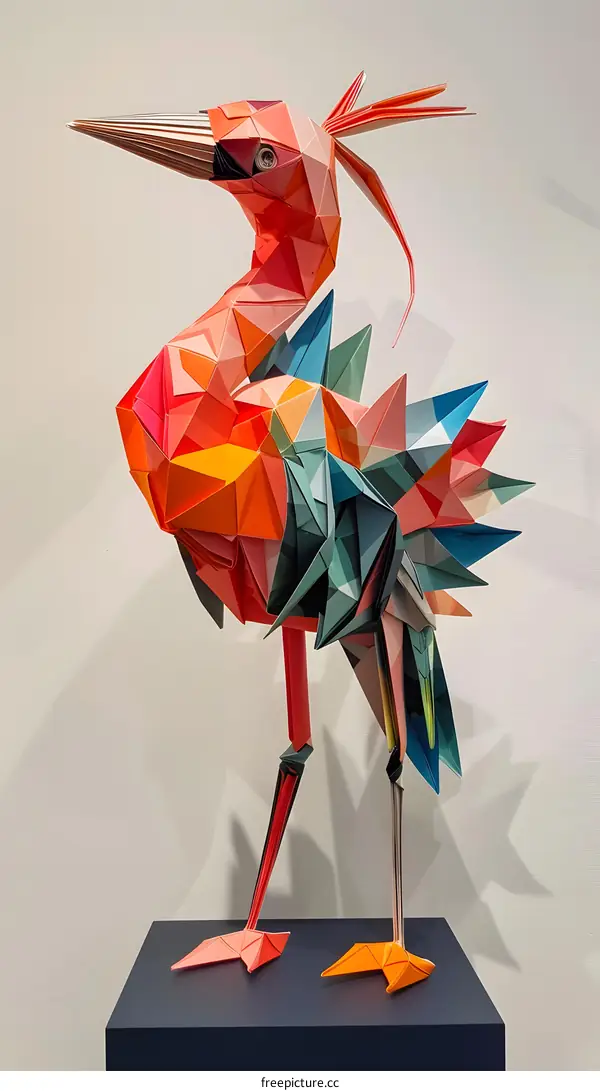 A 3D origami sculpture of a pink flamingo