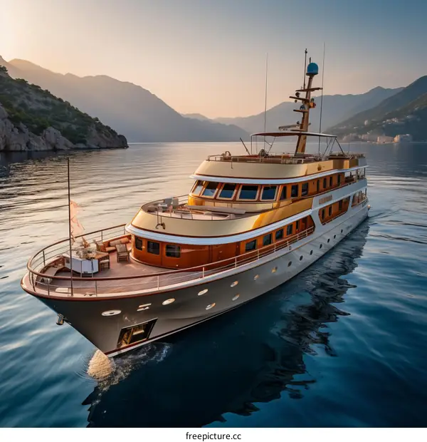 Luxury Yacht Cruises Calm Ocean Waters at Sunset