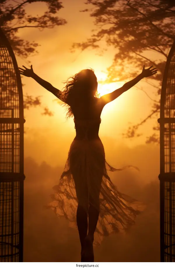 Woman with outstretched arms standing in front of a gate at sunrise
