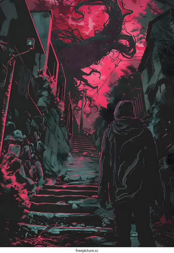 Man Walking Up Stairs in Creepy Alley With Monster in the Sky