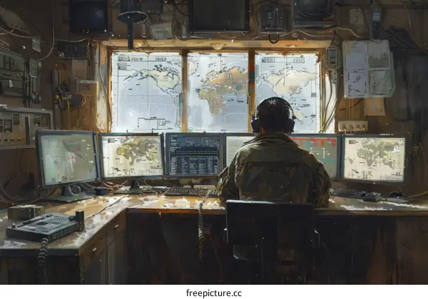 Soldier sitting in front of a computer monitoring a map of the world