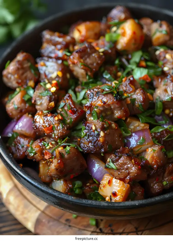 A bowl of diced beef with chili peppers and onions