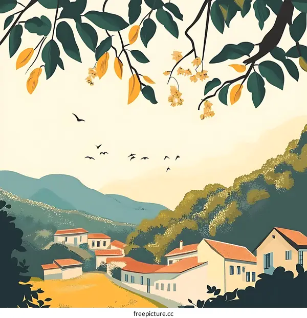 Peaceful Village Landscape Illustration With Mountains and Birds