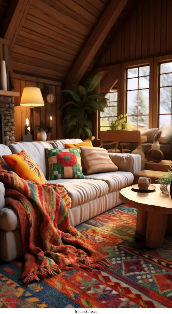 A cozy living room with a fireplace, sofa, coffee table, rug, and plants