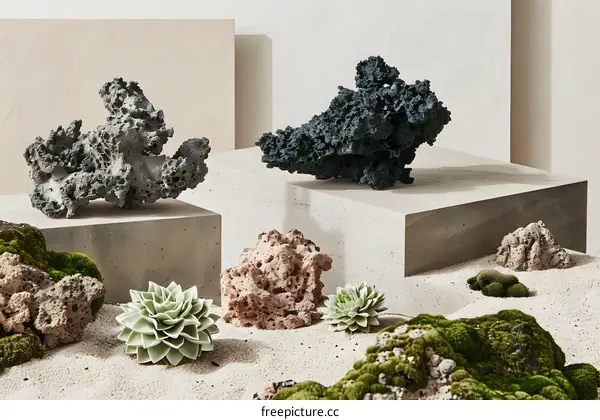 Abstract Still Life Photography with  Rocks and Plants on White Background